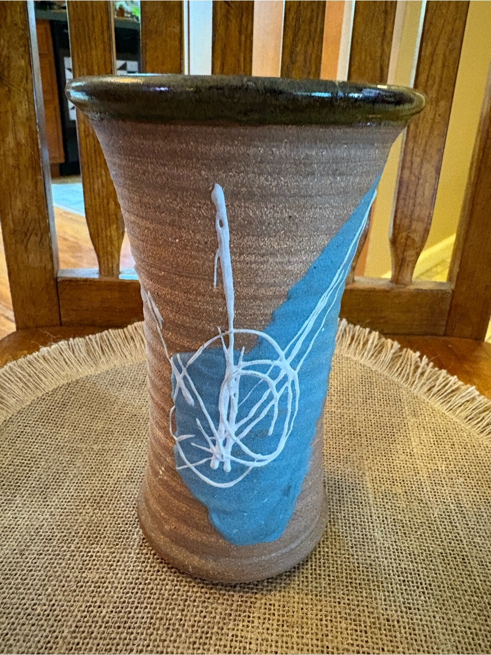 Vintage Tom Homann Signed Studio Art Pottery Vase Abstract Slip Trailing Design - Picture 1 of 14
